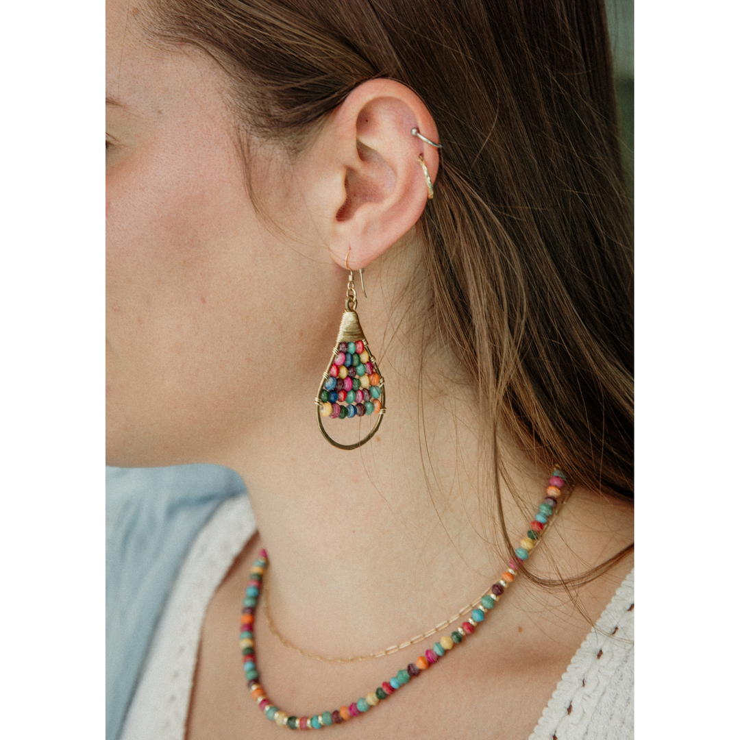 Woven Paper Bead Teardrop Hoop Earrings in Brass