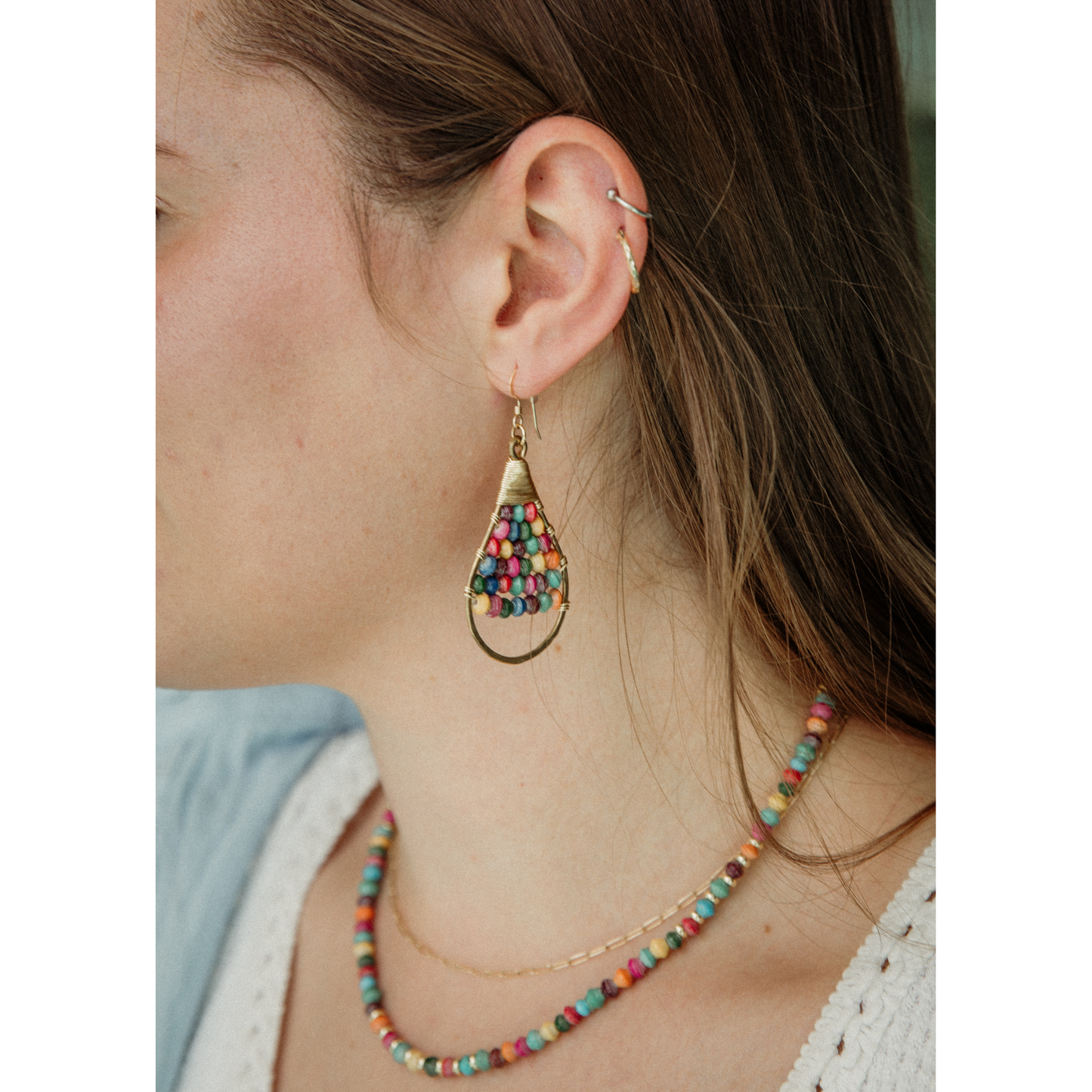 Woven Paper Bead Teardrop Hoop Earrings in Brass