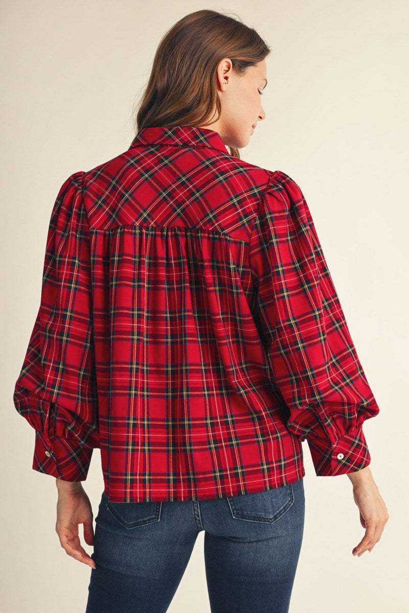 Jodifl 3/4 Puff Sleeve Button Down Plaid Top - Red