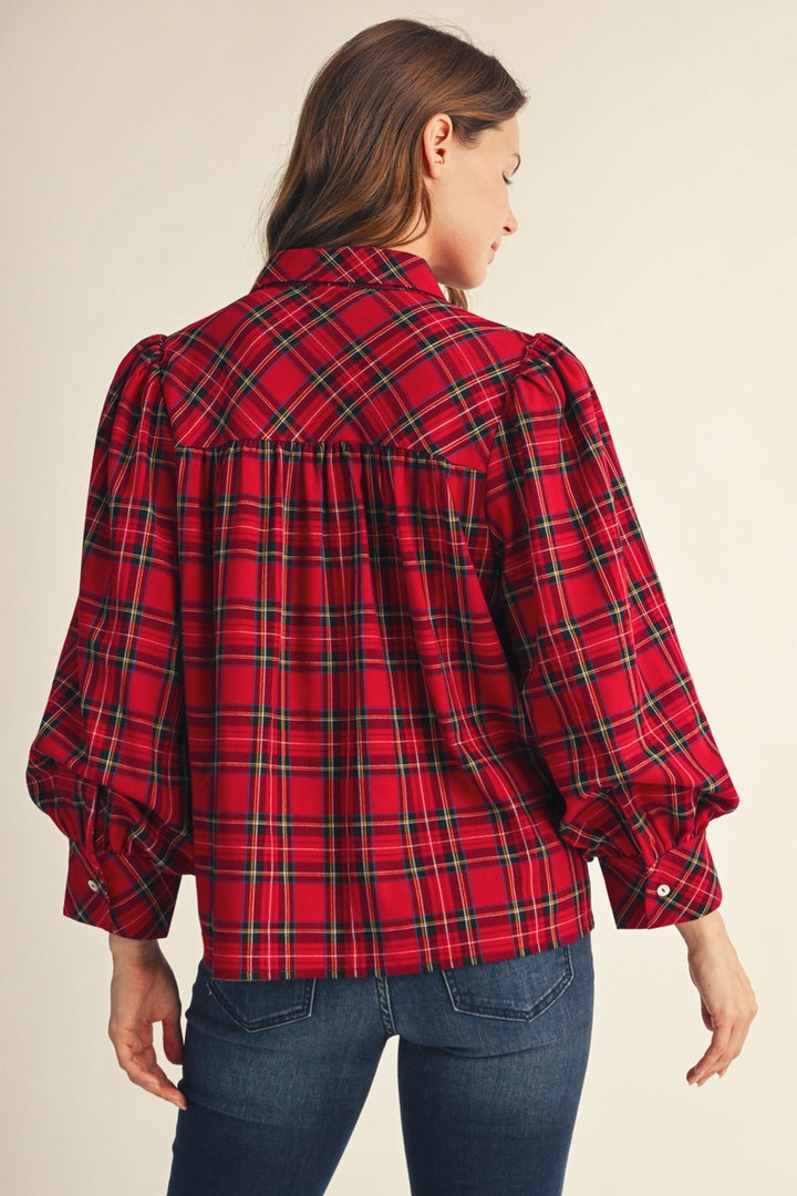 Jodifl 3/4 Puff Sleeve Button Down Plaid Top - Red