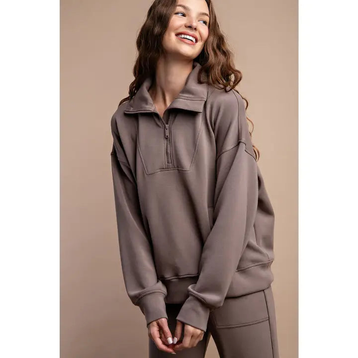 Modal Poly Span Quarter Zip Mock Neck Pullover &amp; Scuba Straight Pant Set