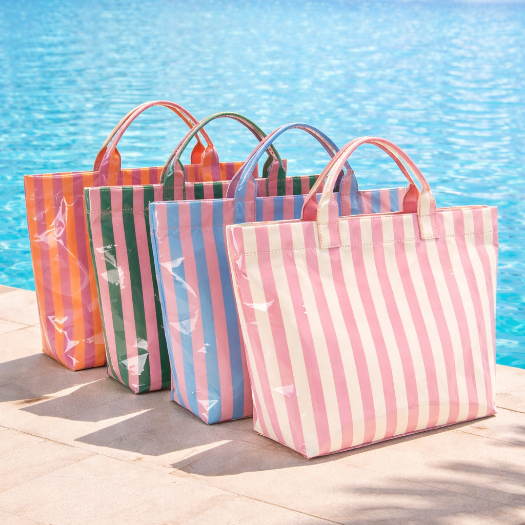 Preppy Pool Tote Bag Striped Vinyl Beach Tote