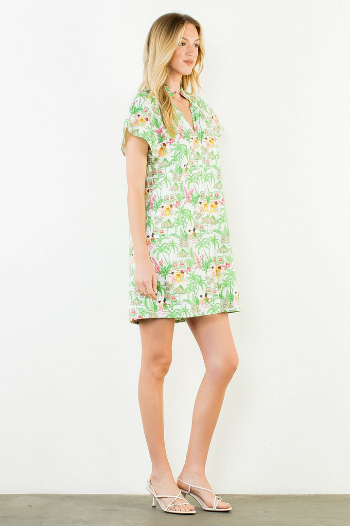 Vacation Scene Print Dress - Green