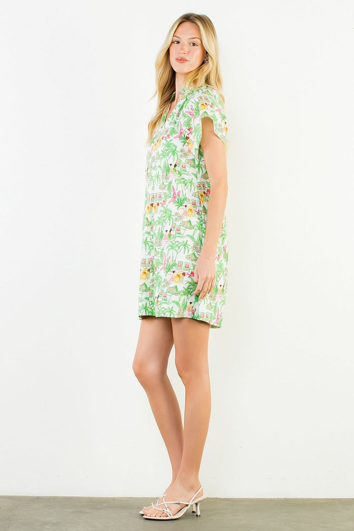 Vacation Scene Print Dress - Green
