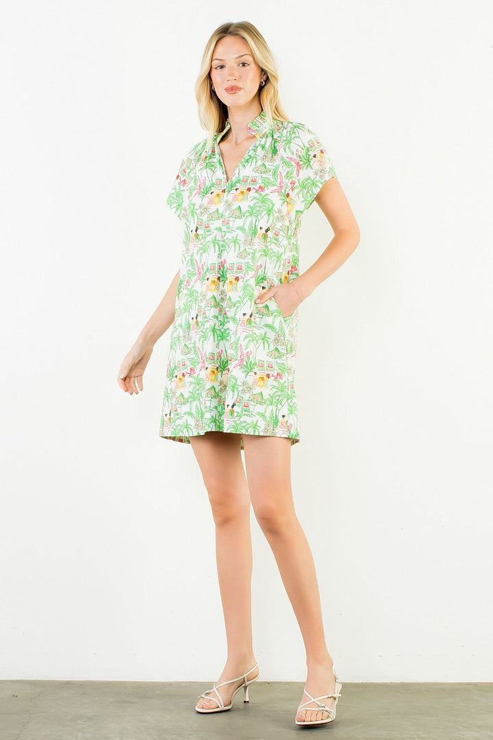 Vacation Scene Print Dress - Green