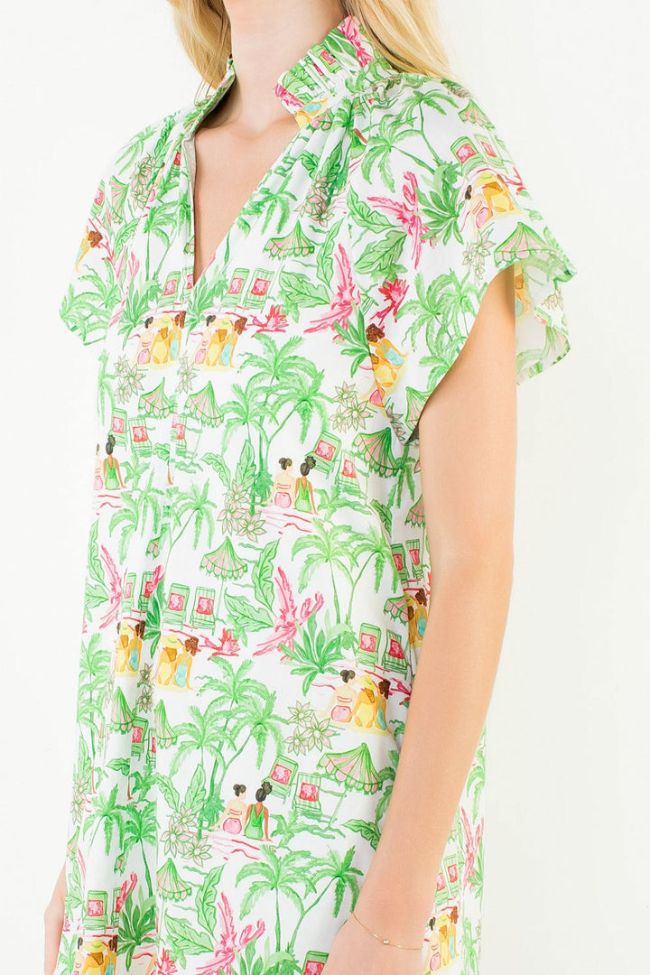 Vacation Scene Print Dress - Green