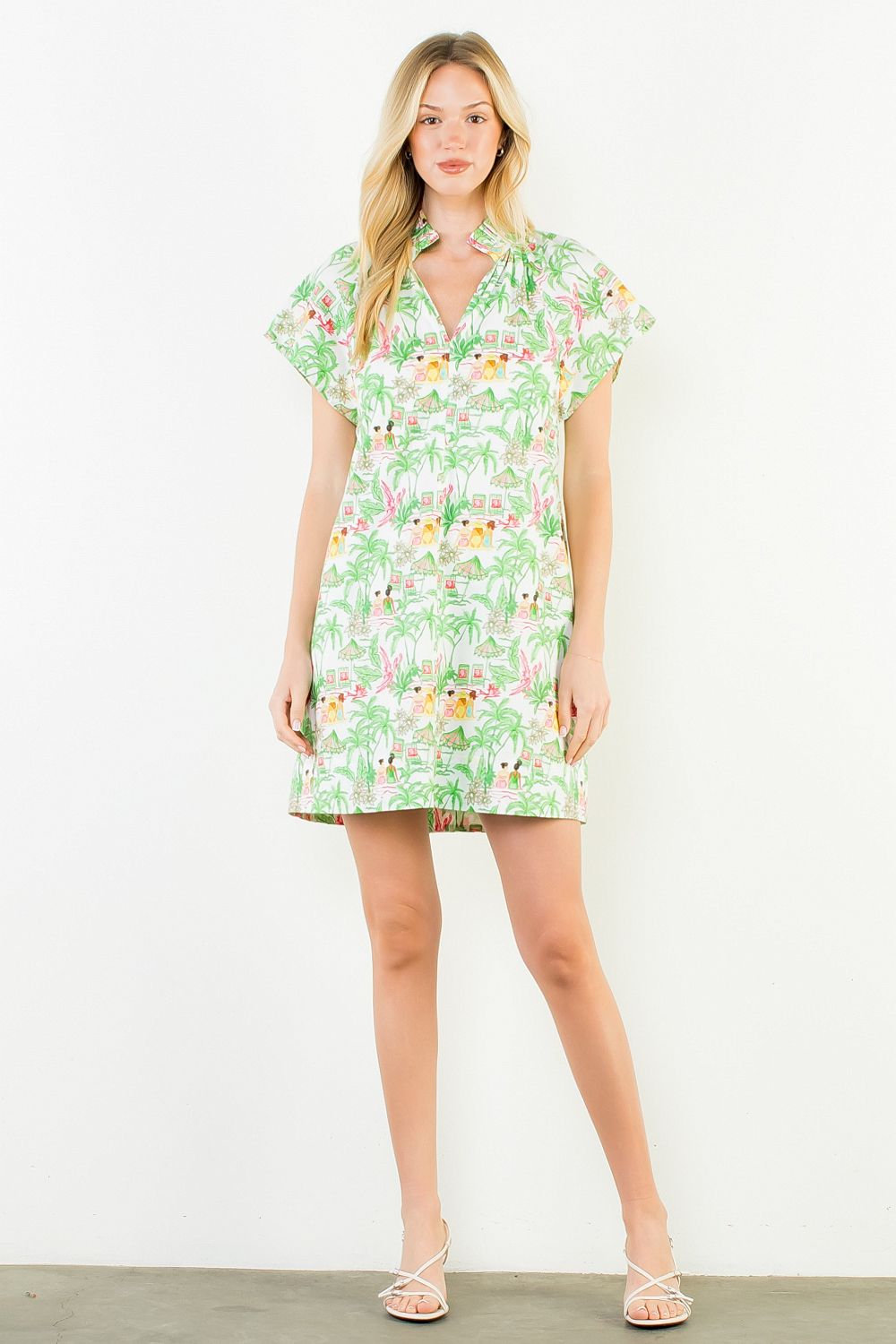 Vacation Scene Print Dress - Green