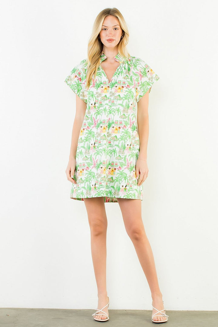 Vacation Scene Print Dress - Green