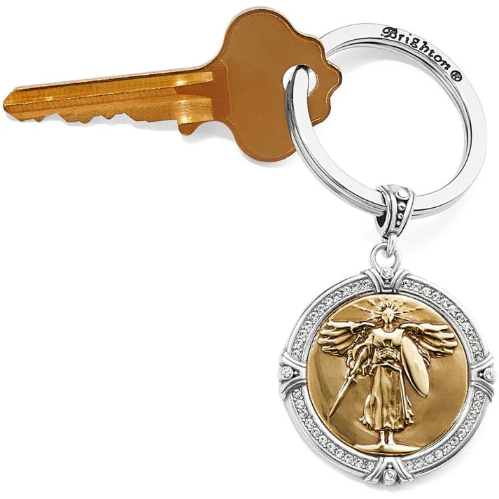 Brighton Brave Angel Key FOB medallion keychain showing an intricate angel figure on the front and an engraved inspirational quote on the back.