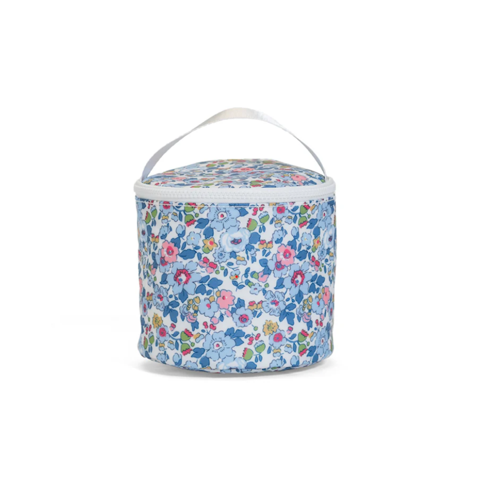 TRVL Design Snack Bag in blue and white Bridgehampton floral; wipeable and water-resistant zippered snack pouch.