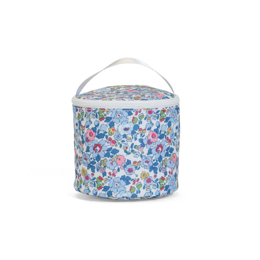 TRVL Design Snack Bag in blue and white Bridgehampton floral; wipeable and water-resistant zippered snack pouch.