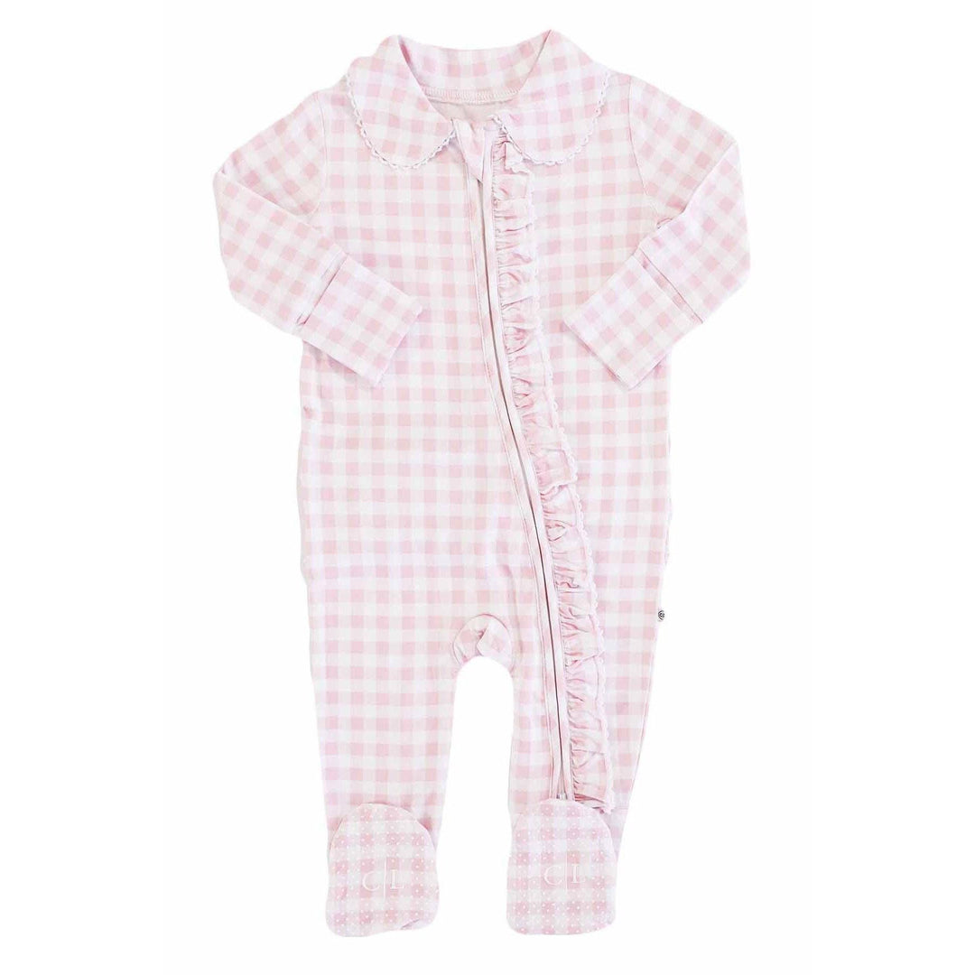 Peter Pan Collar Ruffle Zipper Footie | Rosy Gingham