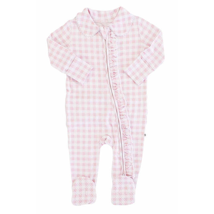 Peter Pan Collar Ruffle Zipper Footie | Rosy Gingham