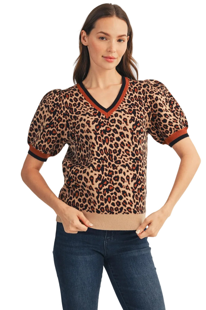 Jodifl Short Puff Sleeve Leopard Sweater Top - Black