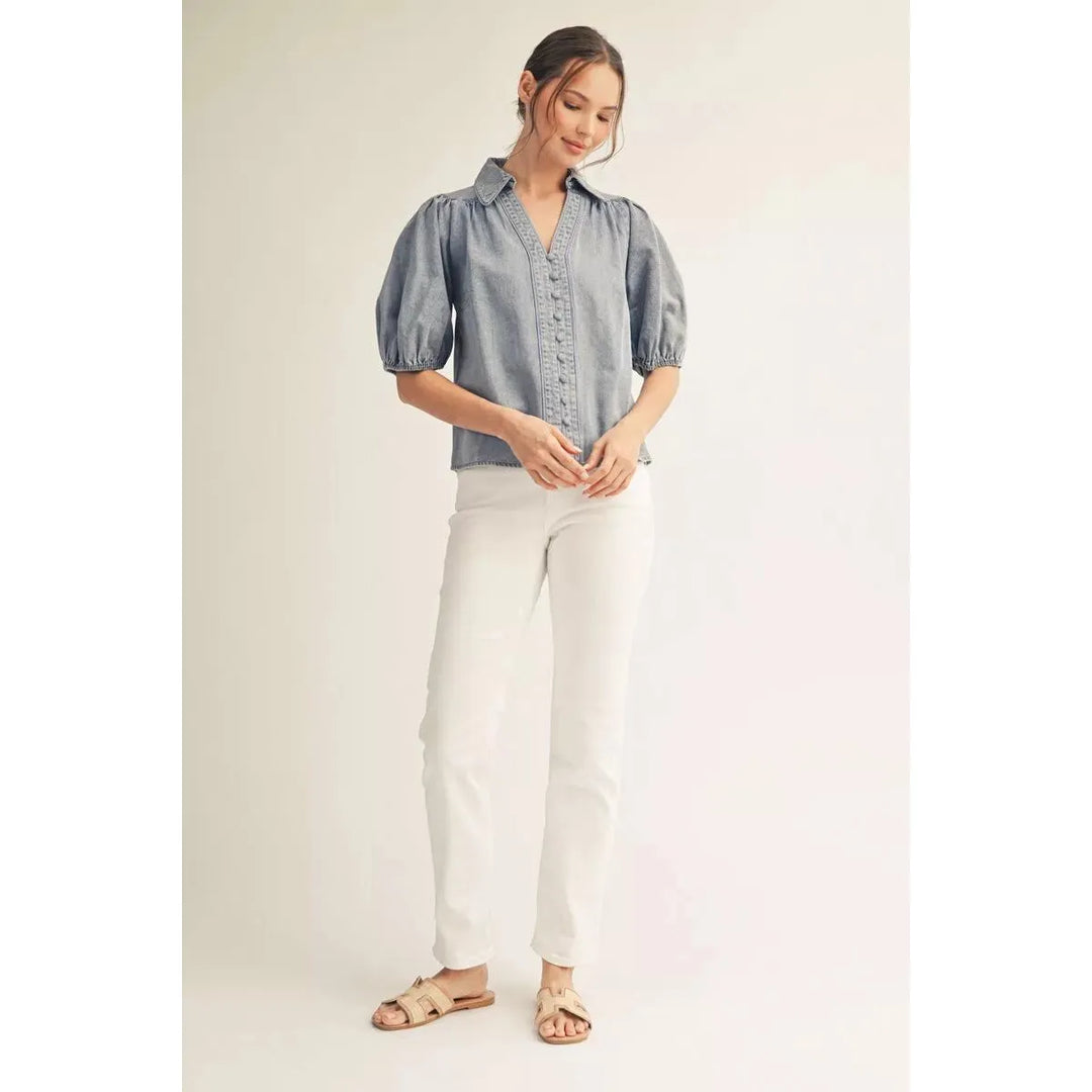 River Washed Denim Puff Sleeve Button Down Top - Denim