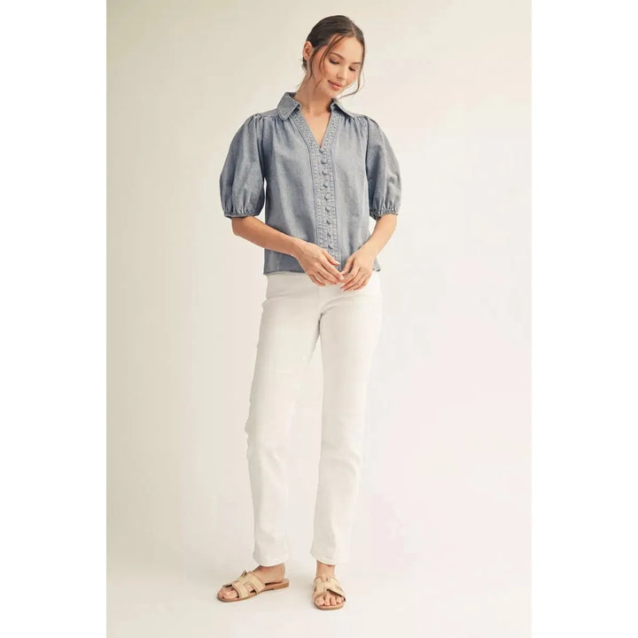 River Washed Denim Puff Sleeve Button Down Top - Denim