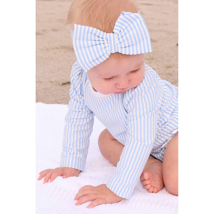 Long Sleeve Rash Guard With Ruffle Bottom | Seersucker Blue Wholesale