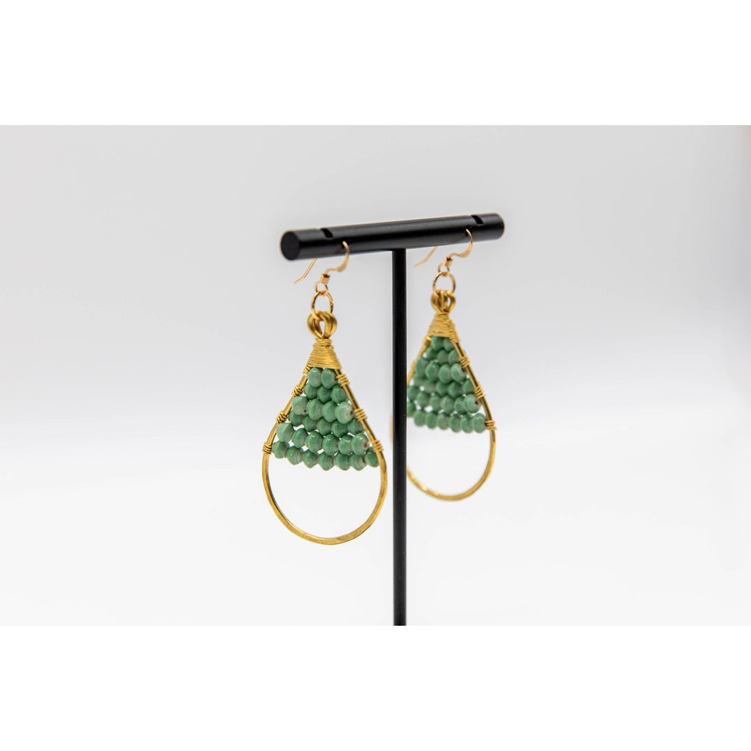 Woven Paper Bead Teardrop Hoop Earrings in Brass
