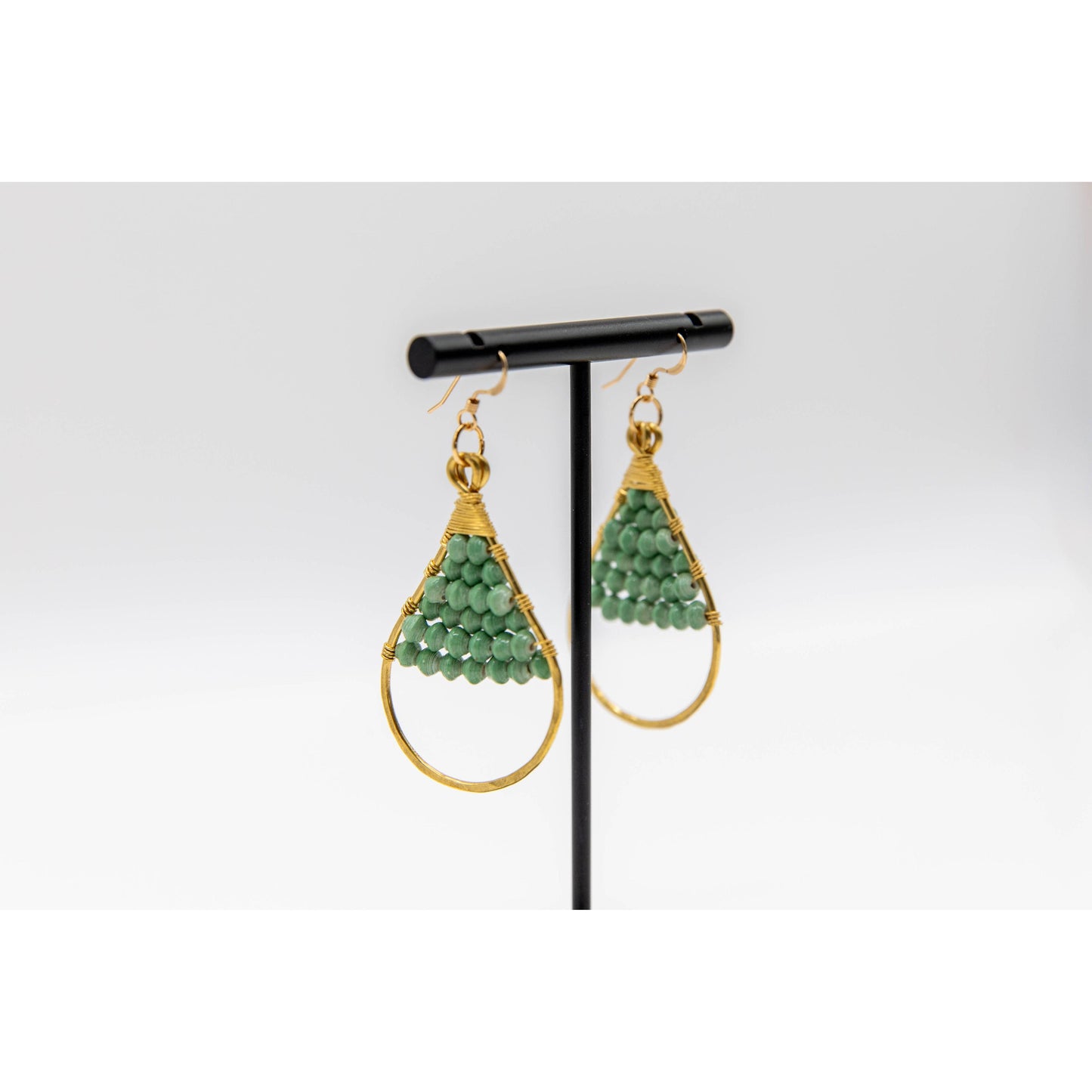 Woven Paper Bead Teardrop Hoop Earrings in Brass