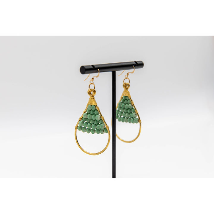 Woven Paper Bead Teardrop Hoop Earrings in Brass