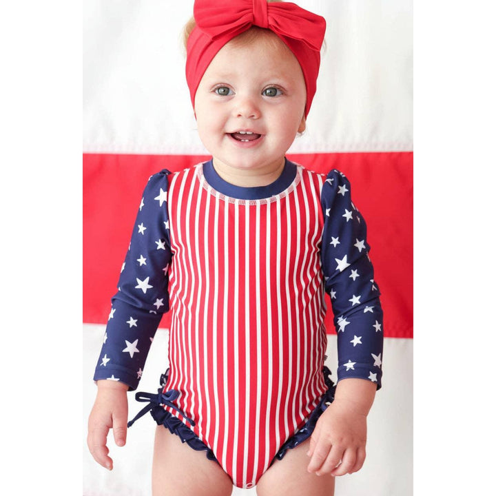Long Sleeve Rash Guard With Ruffle Bottom | Stars &amp; Stripes Party