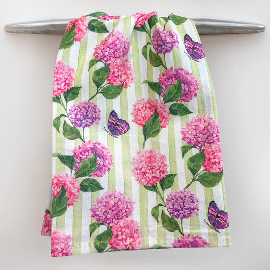Taylor Paladino Pink Hydrangea Floral Tea Towel for Kitchen Decor.