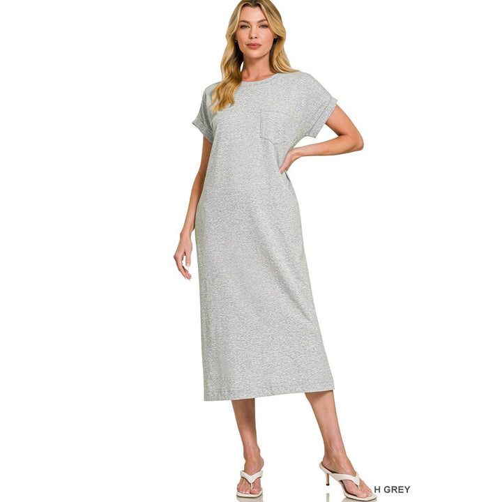 Round Neck Short Sleeve Midi Dress w/ Pockets