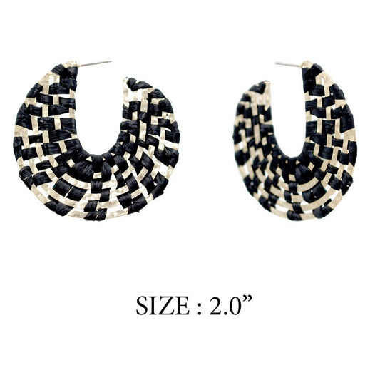 Black Raffia Woven and Gold Hoop 2" Earring