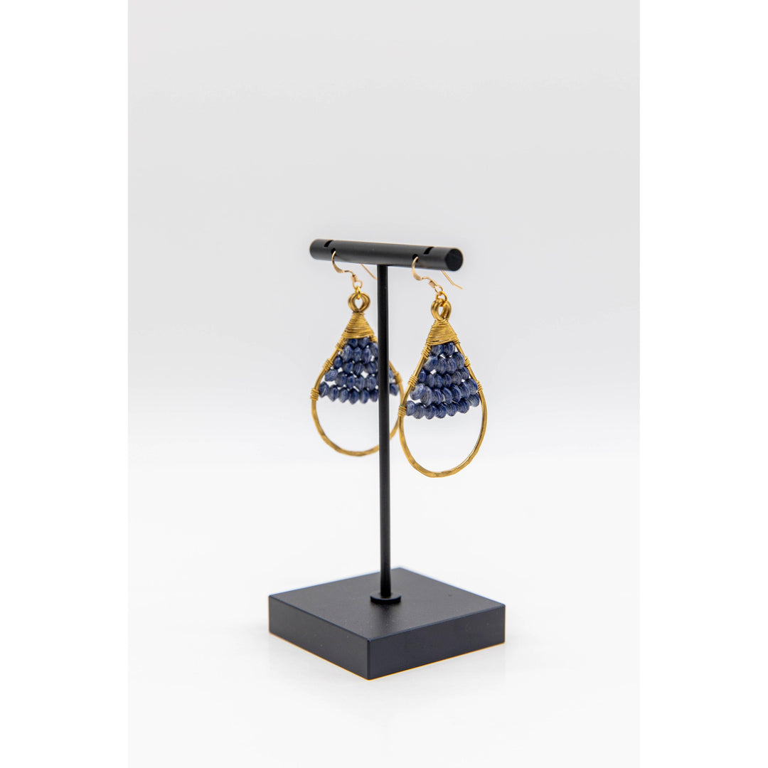 Woven Paper Bead Teardrop Hoop Earrings in Brass