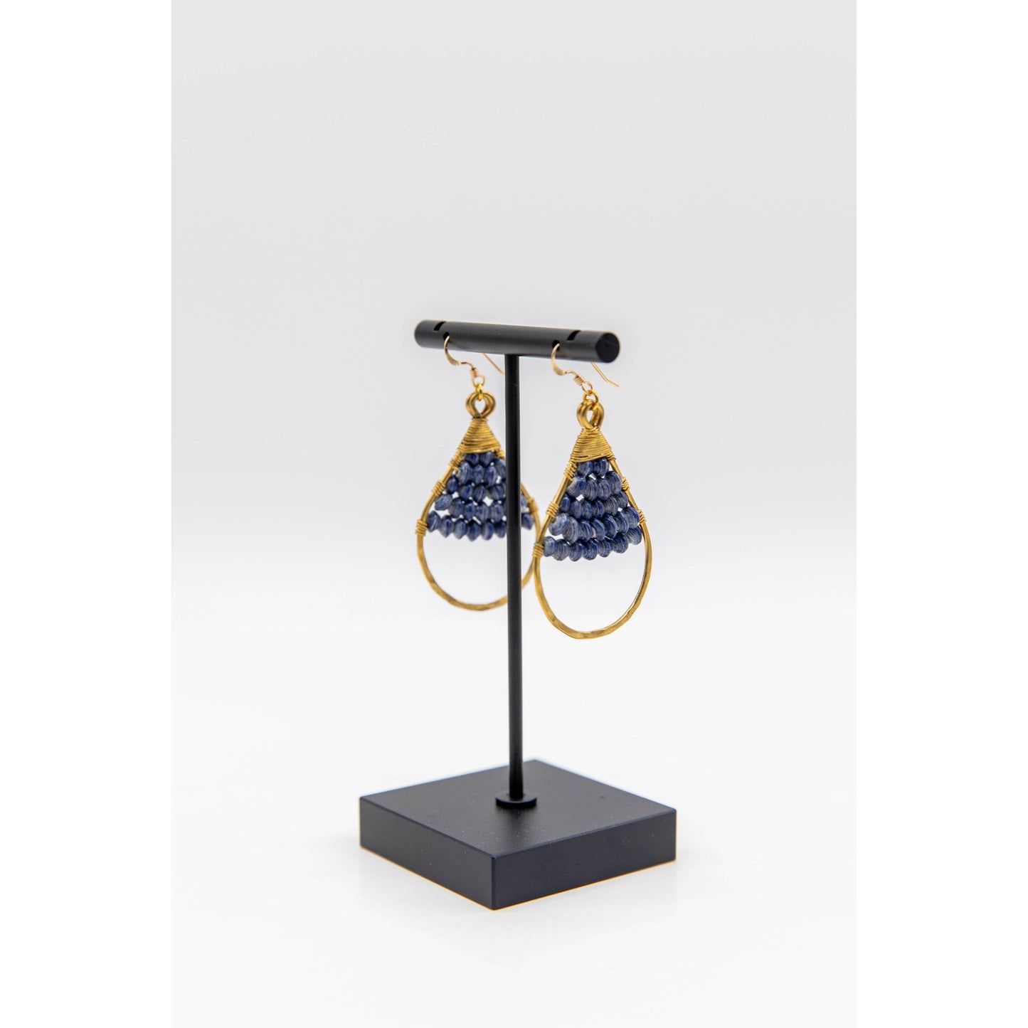 Woven Paper Bead Teardrop Hoop Earrings in Brass