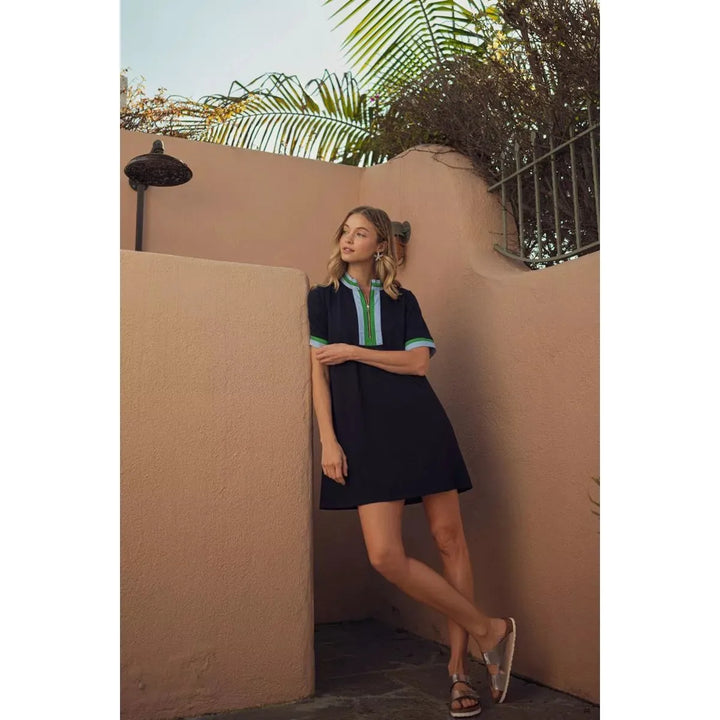 Georgia Zip-Up Casual Dress with Mock Neck in Navy