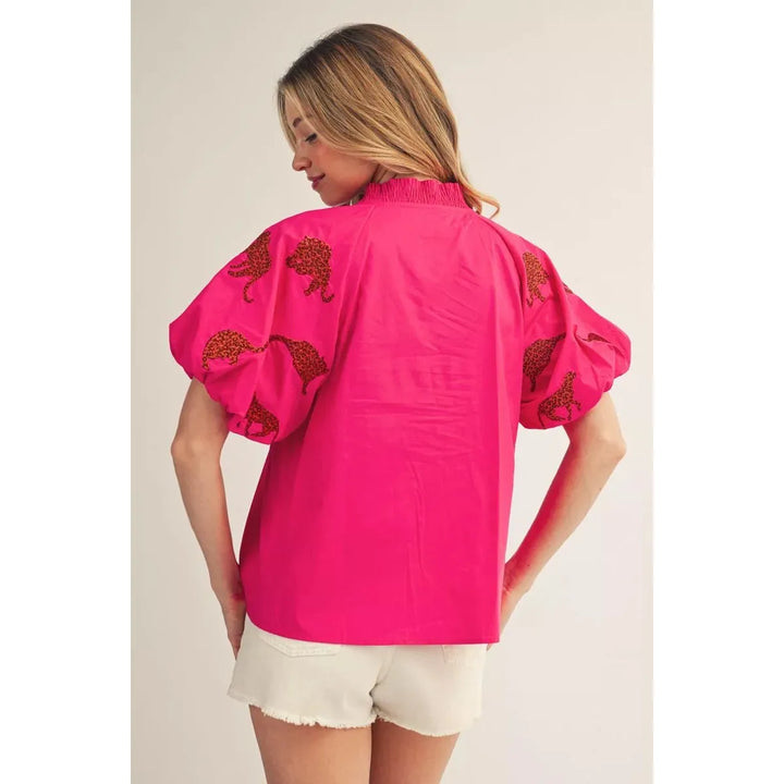 The Harper Tiger Embroidered Puff Sleeve Top