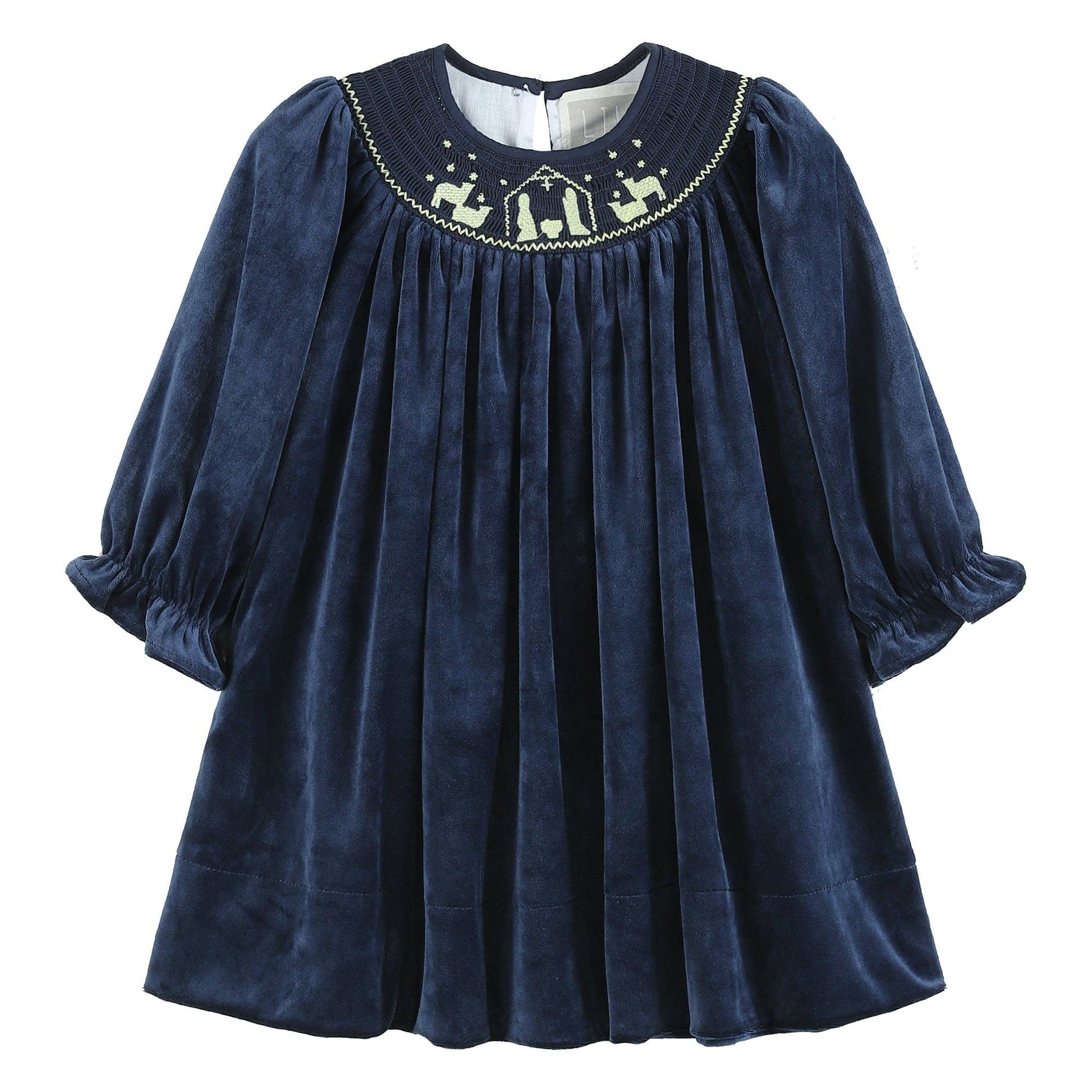 Navy Blue Velvet Gold Nativity Smocked Bishop Dress - 3T Navy Blue Velvet Gold Nativity Smocked Bishop Dress - 3T
