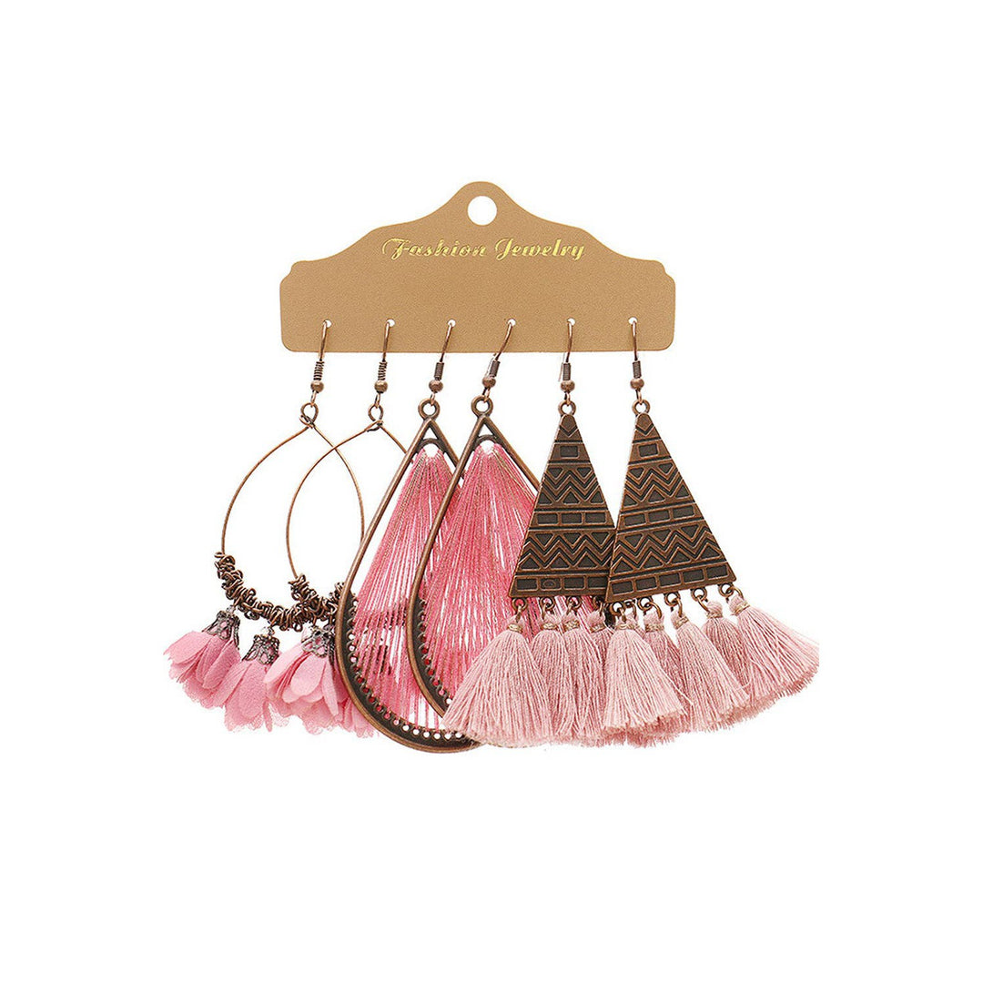 3 Pairs Boho Floral Tasseled Geometric Dangle Earrings Set
