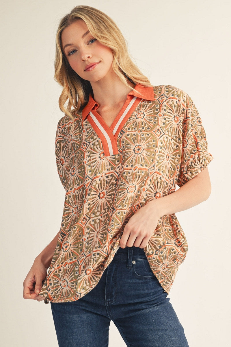 Jodifl Drop Shoulder Boho Print Top - Rust/Olive