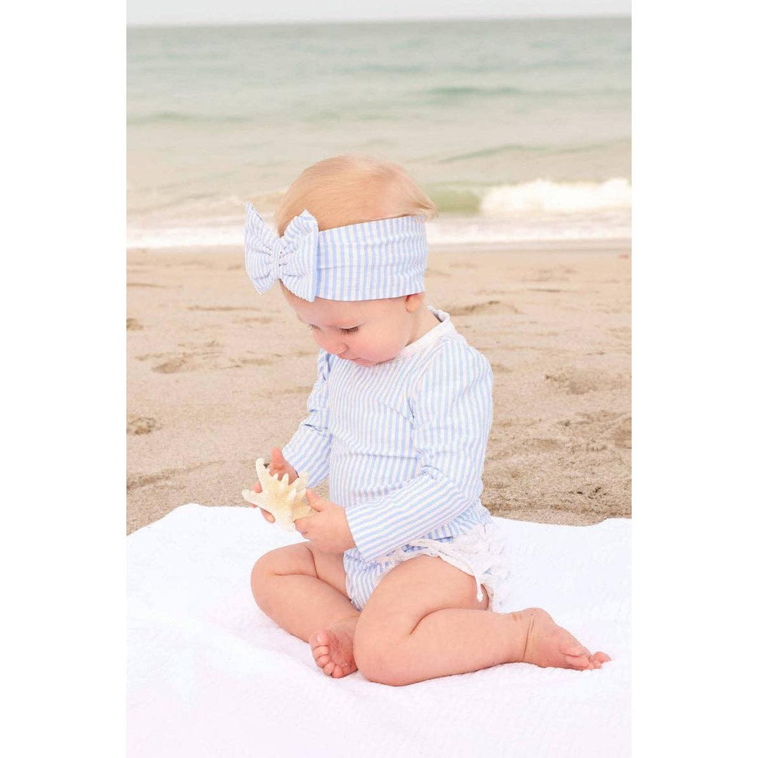 Long Sleeve Rash Guard With Ruffle Bottom | Seersucker Blue Wholesale