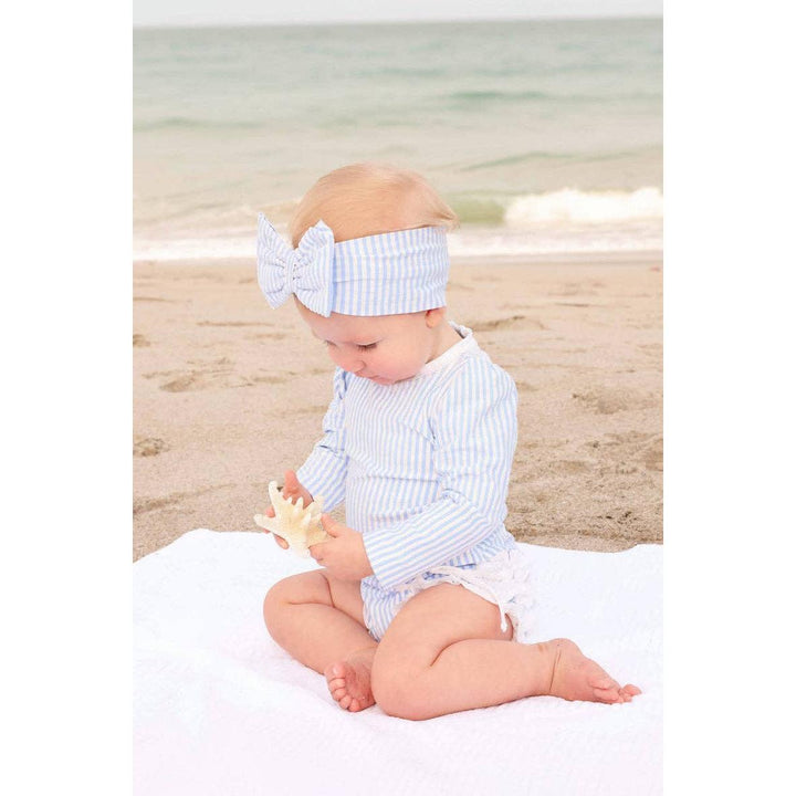 Long Sleeve Rash Guard With Ruffle Bottom | Seersucker Blue Wholesale