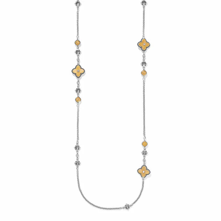 Long silver-plated statement necklace by Brighton featuring Gothic cathedral architectural patterns.