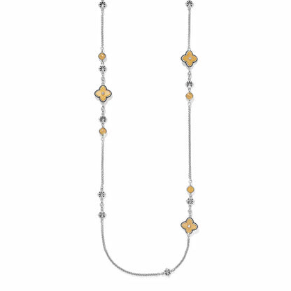 Long silver-plated statement necklace by Brighton featuring Gothic cathedral architectural patterns.