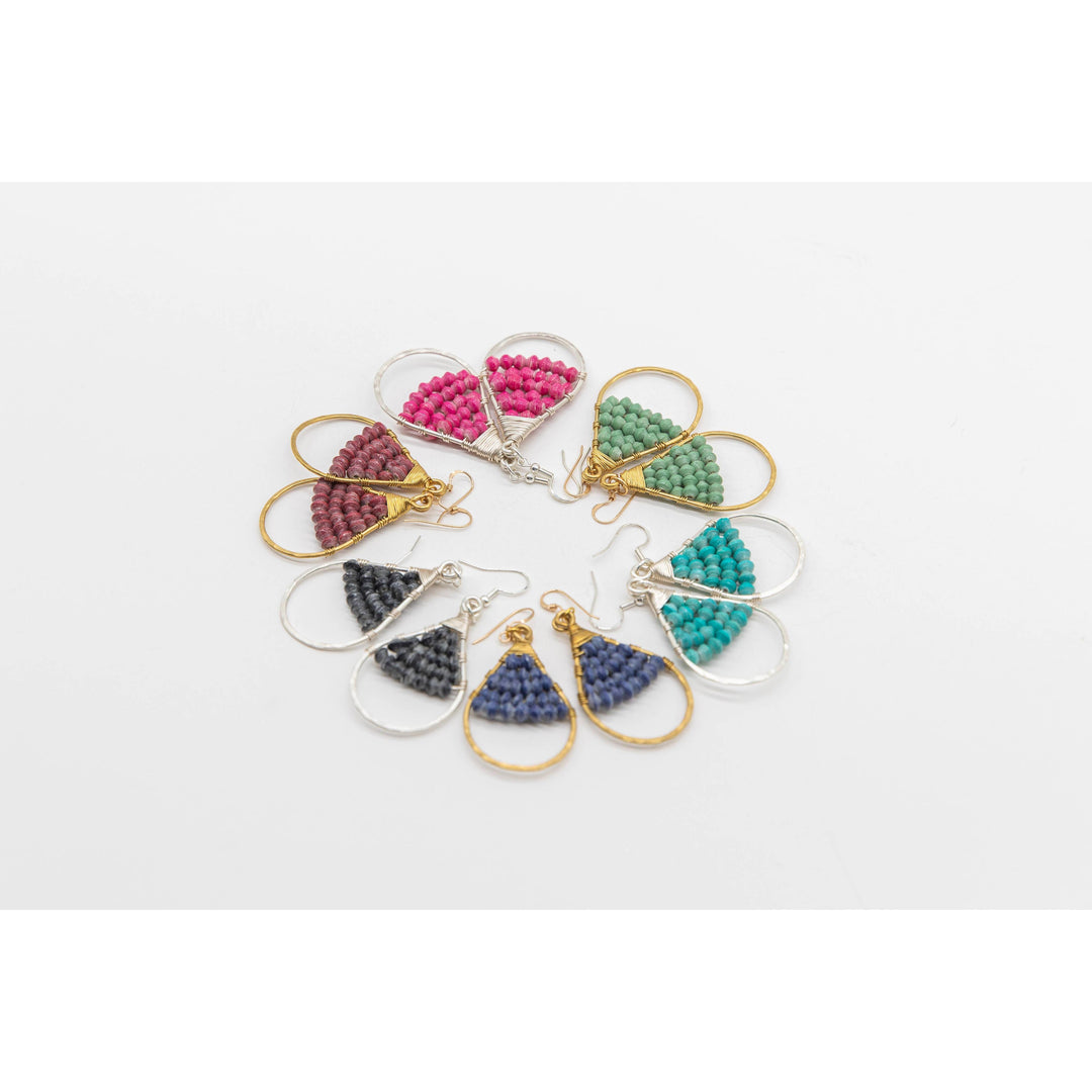 Woven Paper Bead Teardrop Hoop Earrings in Brass