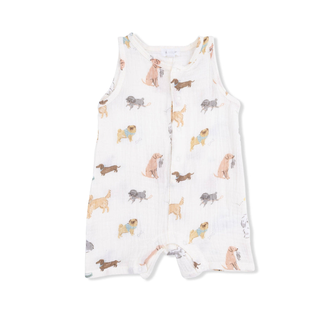 Angel Dear Awesome Dogs Sleeveless Shortie Romper one-piece for baby boys in playful dog print organic cotton, size 12–18 months — Bella Gifts from the Heart.