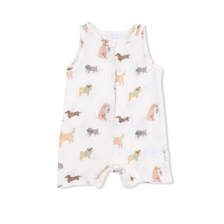 Angel Dear Awesome Dogs Sleeveless Shortie Romper one-piece for baby boys in playful dog print organic cotton, size 12–18 months — Bella Gifts from the Heart.