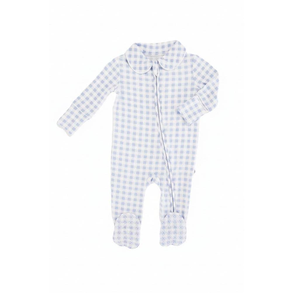 Peter Pan Collar Zipper Footie | Dusty Blue Gingham