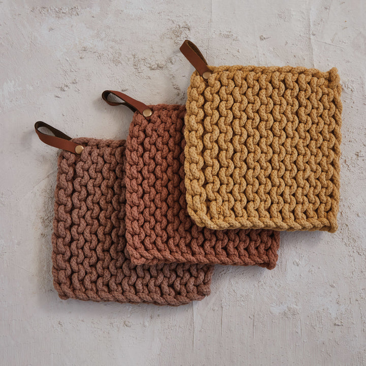 Creative Coop Cotton Crocheted Pot Holder w/ Leather Loop