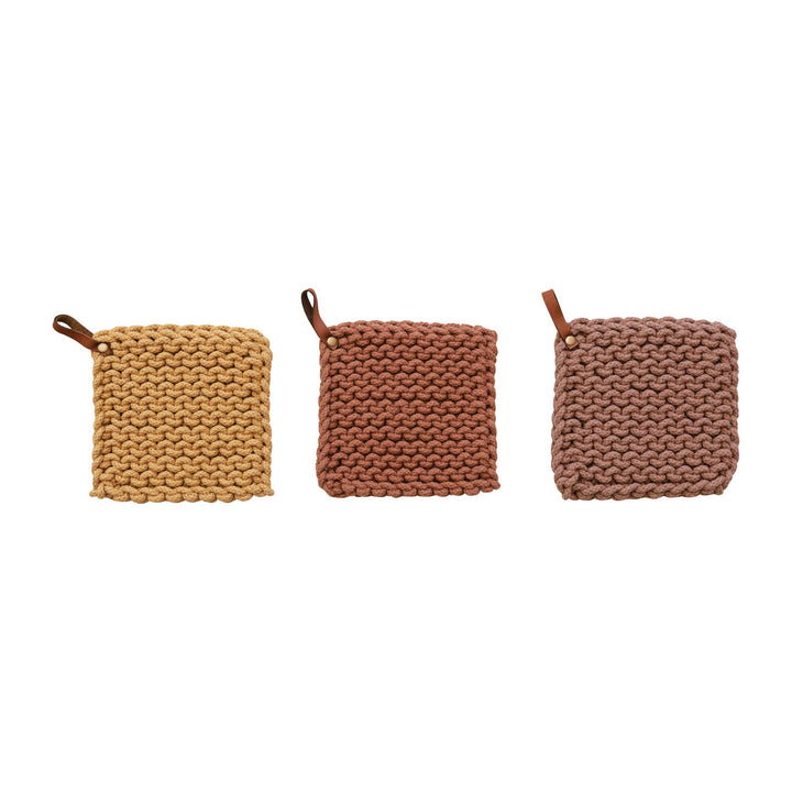 Creative Coop Cotton Crocheted Pot Holder w/ Leather Loop