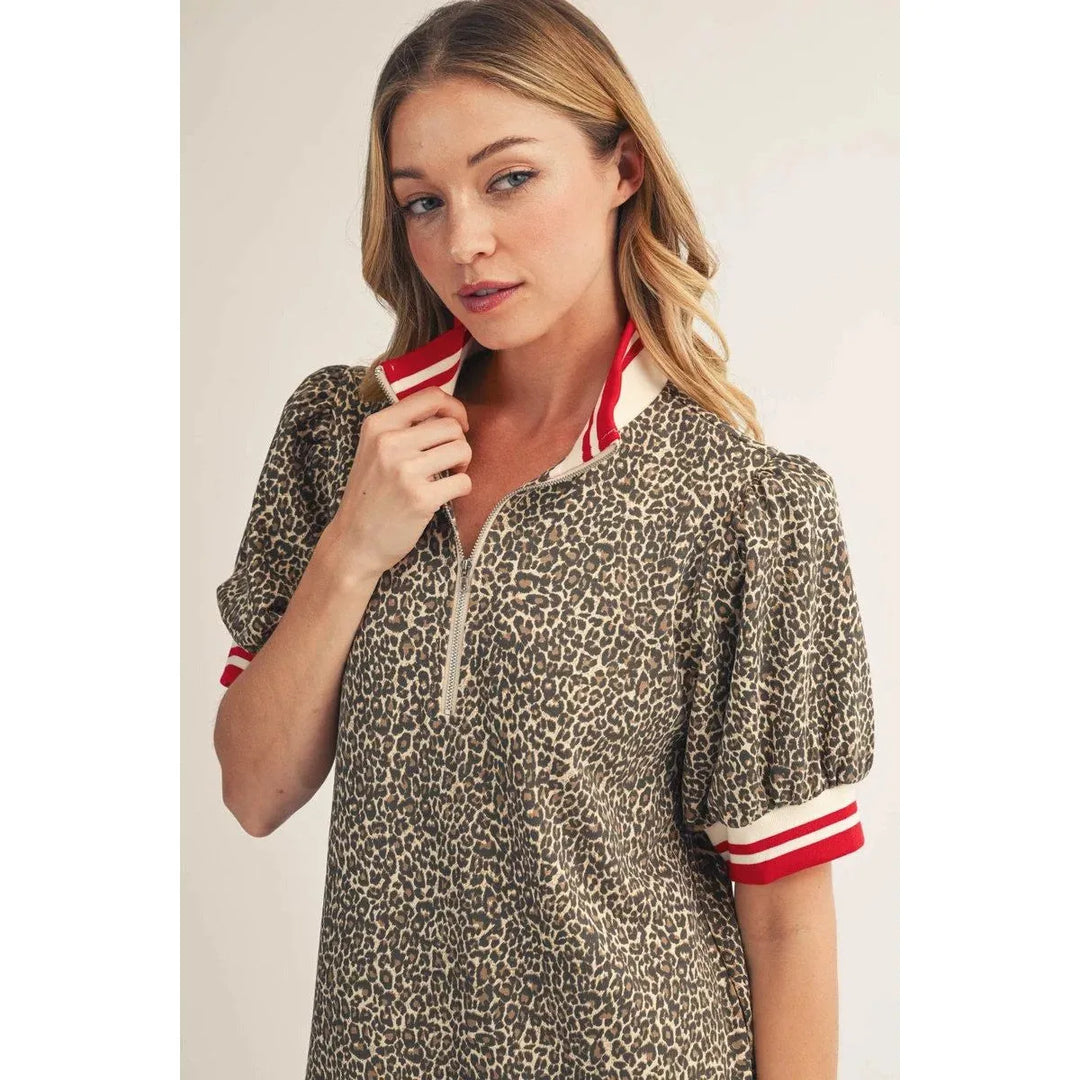 Mila | Leopard Zip-Front Puff Sleeve Mini Dress
