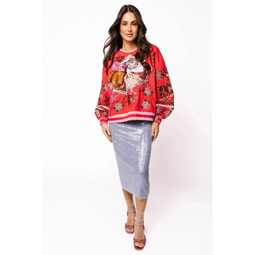Red &amp; Pink Vintage Poinsettia Santa Sweatshirt