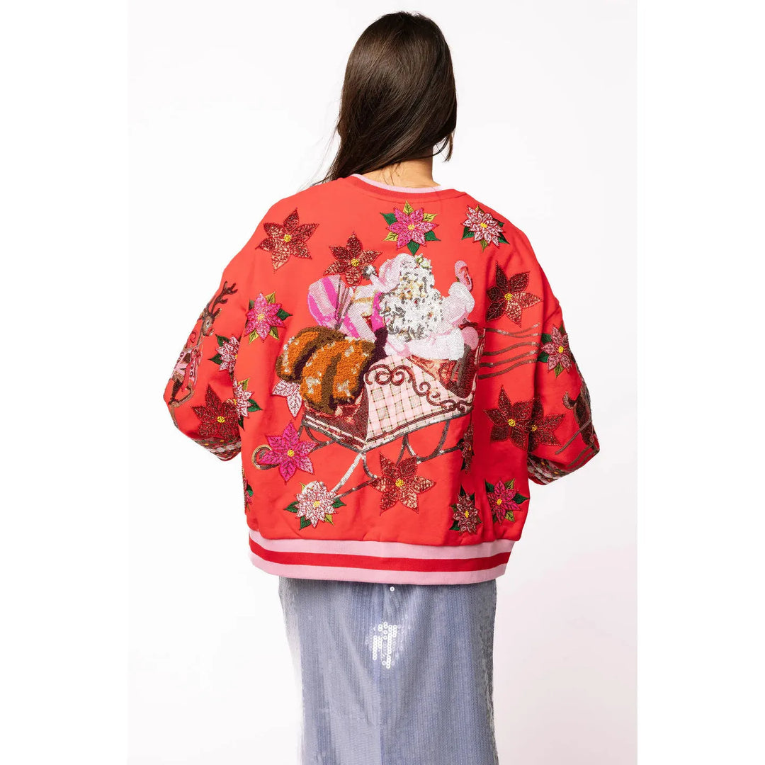Red &amp; Pink Vintage Poinsettia Santa Sweatshirt