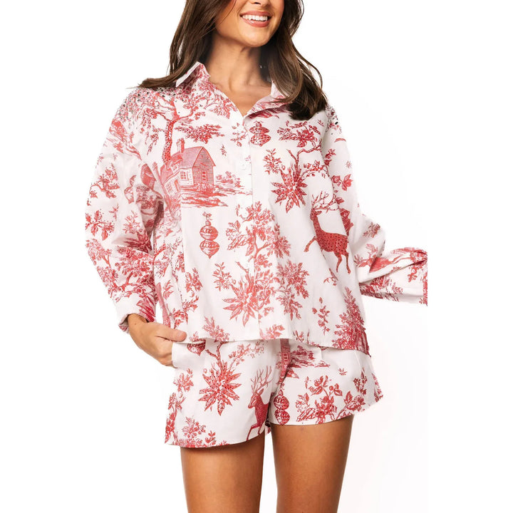 Queen of Sparkles red and white Christmas toile print cotton button-up top.