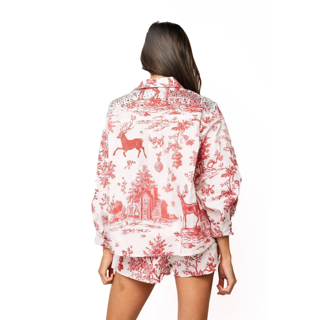 Model wearing the hand-embellished Queen of Sparkles Christmas toile women&